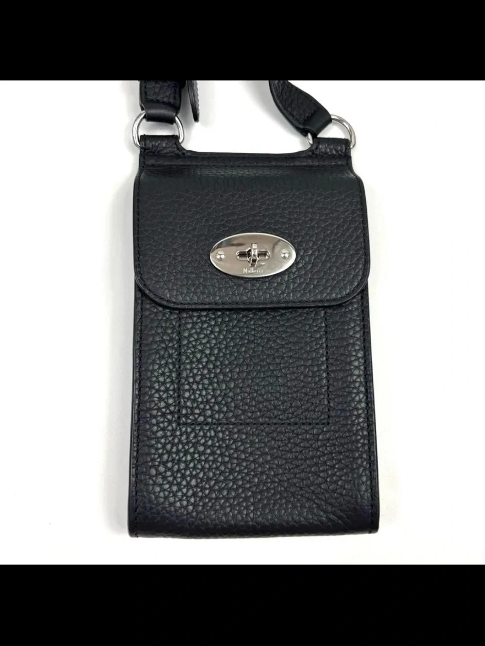 Mulberry Black Pebbled Leather Crossbody Phone Pouch with Silver Lock